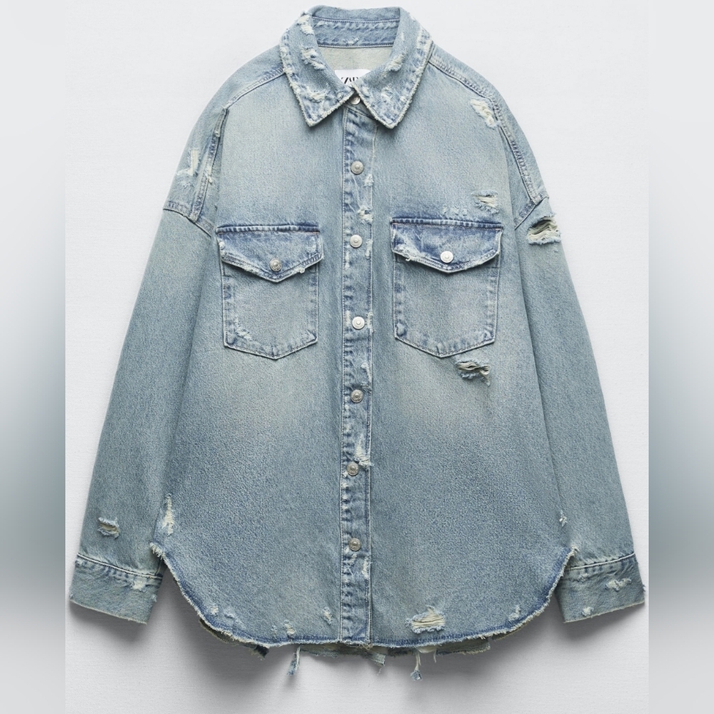 Zara Distressed Denim Shirt Jacket